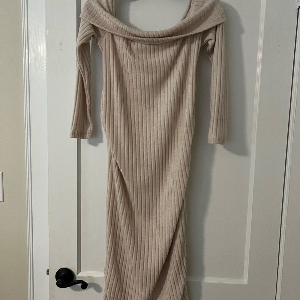 SHEIN Cream Long Sleeve Ribbed Dress